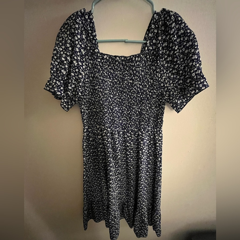 Navy and White Floral Print Dress